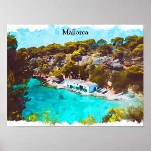 Mallorca Spanien Akvarell Panorama Utsikt Landskap Poster