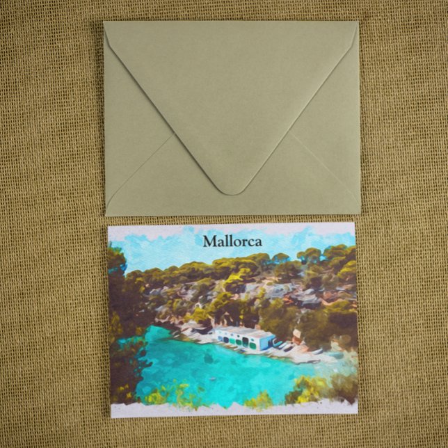 Mallorca Spanien Akvarell Panorama Utsikt Landskap Vykort (Mallorca Spain Watercolor Panoramic View Scenery Postcard)