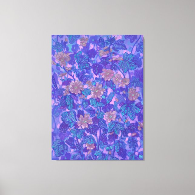 Mallow Bloom, Malva Flowers Blommigt Painting Lila Canvastryck (Framsida)