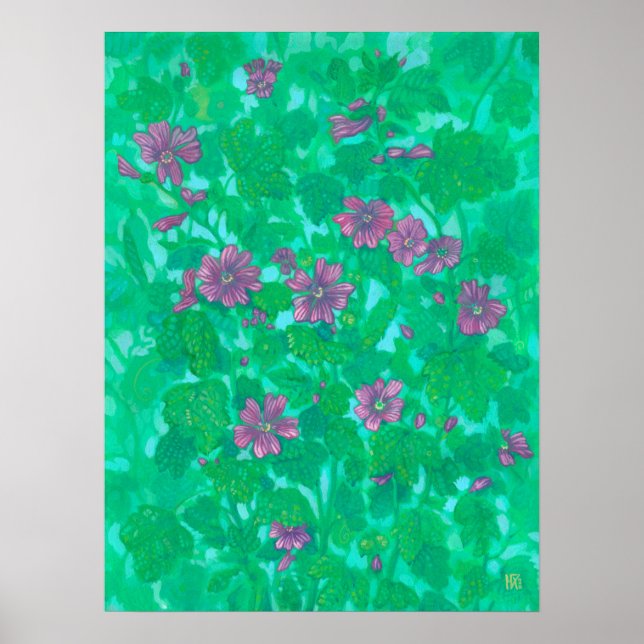 Mallow Bloom, Malva Flowers, sommarmålning av Blom Poster (Framsidan)