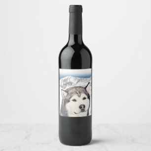 Malmmålning i Alaska - Cute Original Hund Art Vinflaska Etikett