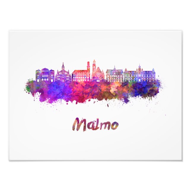 Malmo skyline in watercolor fototryck (Framsidan)