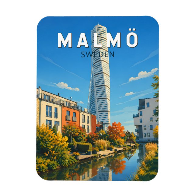 Malmö Sverige Illustration Resa Konst Vintage Magnet (Vertikal)