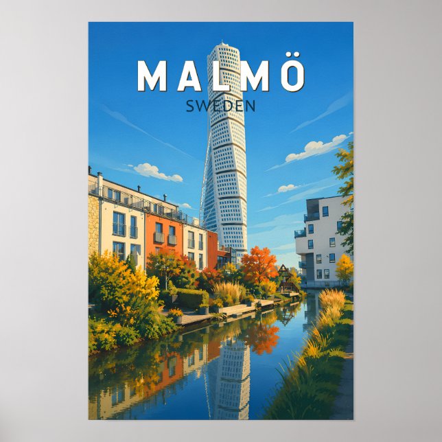 Malmö Sverige Illustration Resa Konst Vintage Poster (Framsidan)