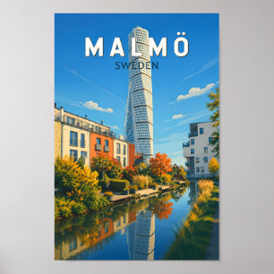 Malmö Sverige Illustration Resa Konst Vintage Poster