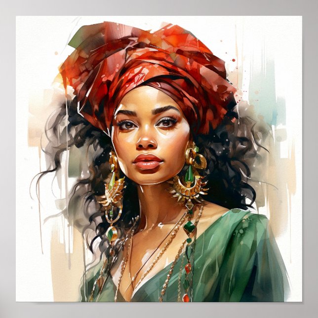 Målning av afrikansk woman Red och Grönt Poster (Framsidan)