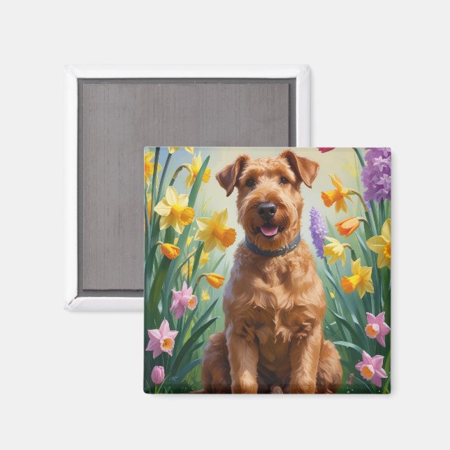 Målning av Airedale Hund Vår blommor Magnet (Front/Back)