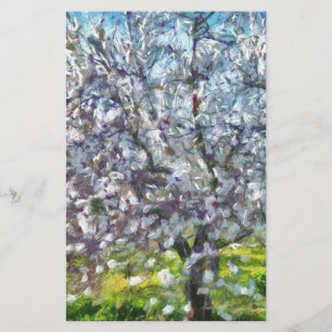 Målning av Almond Träd Blommar Doted Art Stil Brevpapper