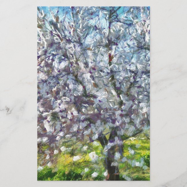 Målning av Almond Träd Blommar Doted Art Stil Brevpapper (Framsida)