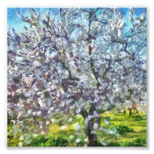 Målning av Almond Träd Blommar Doted Art Stil Fototryck
