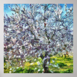 Målning av Almond Träd Blommar Doted Art Stil Poster