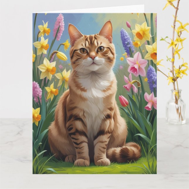 Målning av bengal Cat Vår blommor Kort (Gul blomma)
