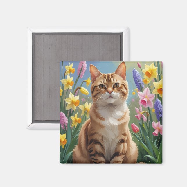 Målning av bengal Cat Vår blommor Magnet (Front/Back)
