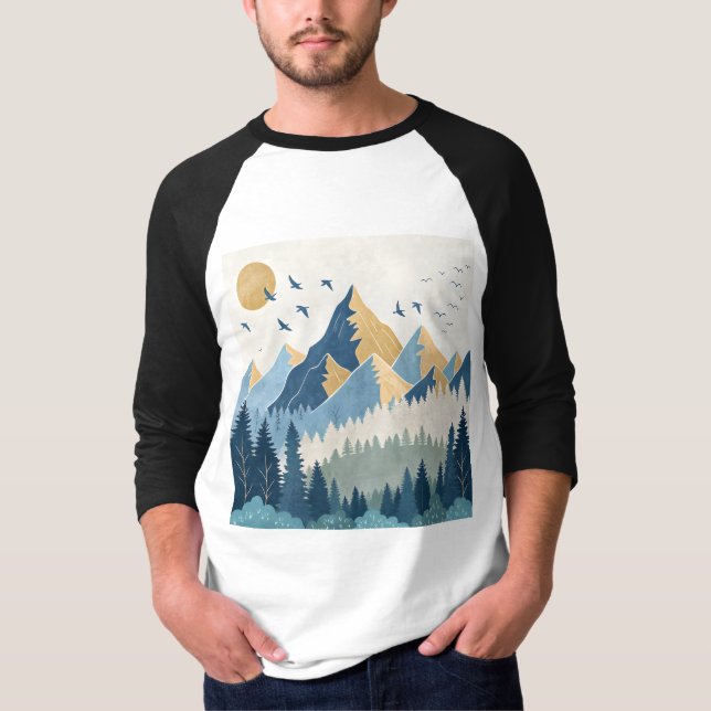 Målning av berg med fåglar i flykt t shirt (Framsida)