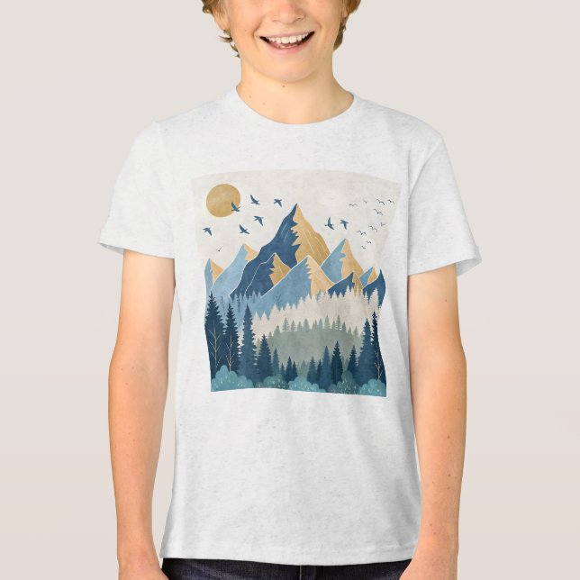 Målning av berg med fåglar i flykt t shirt (Framsida)