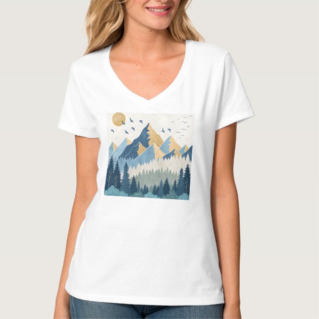 Målning av berg med fåglar i flykt t shirt (Framsida)