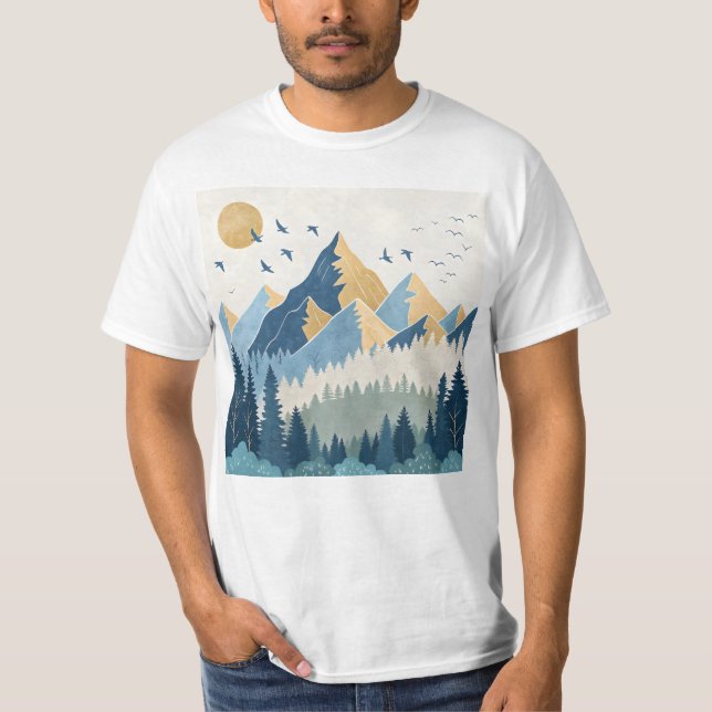 Målning av berg med fåglar i flykt t shirt (Framsida)