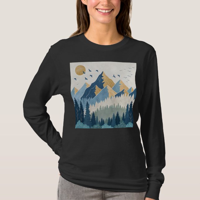 Målning av berg med fåglar i flykt t shirt (Framsida)
