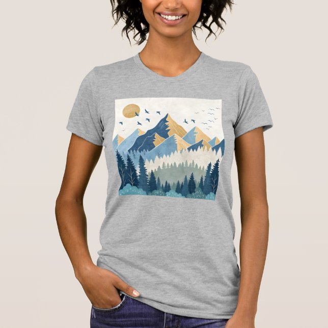 Målning av berg med fåglar i flykt t shirt (Framsida)