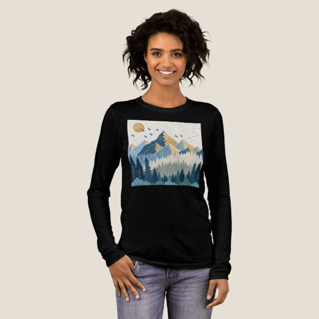 Målning av berg med fåglar i flykt t shirt (Hel framsida)