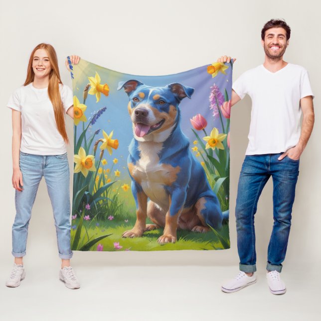 Målning av blå heeler-hund och vårblommor fleecefilt (På plats)