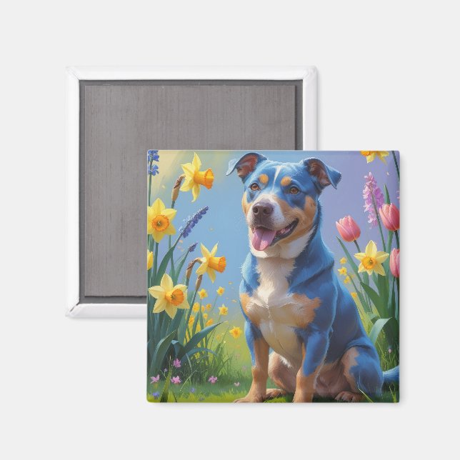 Målning av blå heeler-hund och vårblommor magnet (Front/Back)