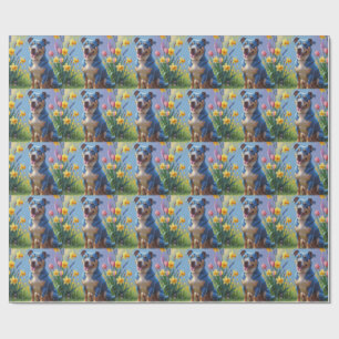 Målning av blå heeler-hund och vårblommor  presentpapper