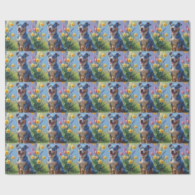 Målning av blå heeler-hund och vårblommor  presentpapper (Platt)