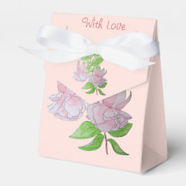 målning av blommor av löv och söt rosa presentaskar