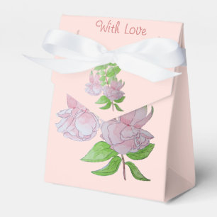 målning av blommor av löv och söt rosa presentaskar