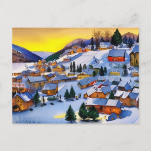 Målning av byn i Snö vid Dawn Helg Vykort