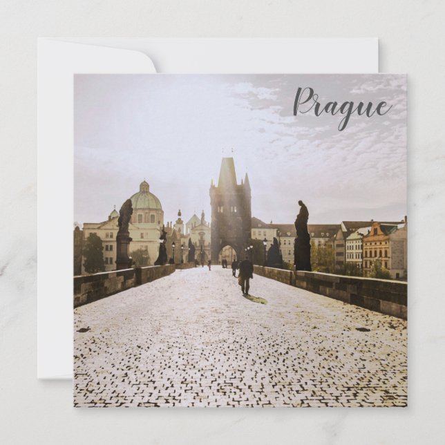 Målning av Charles bridge i Prag om soluppgång (Framsida)