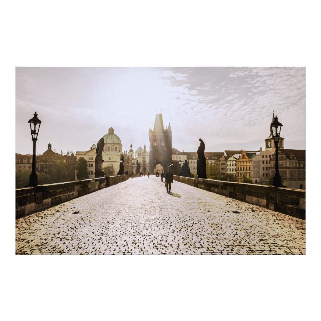 Målning av Charles bridge i Prag om soluppgång Fototryck (Framsidan)