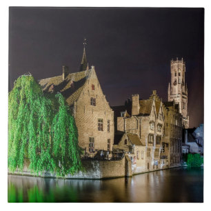 Målning av den gamla staden Bruges och Belfry tor Kakelplatta