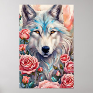 Målning av djurlivet i rosa ros i varg poster