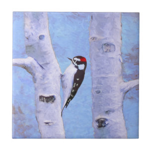 Målning av Downy Woodpecker - originalbild av få Kakelplatta