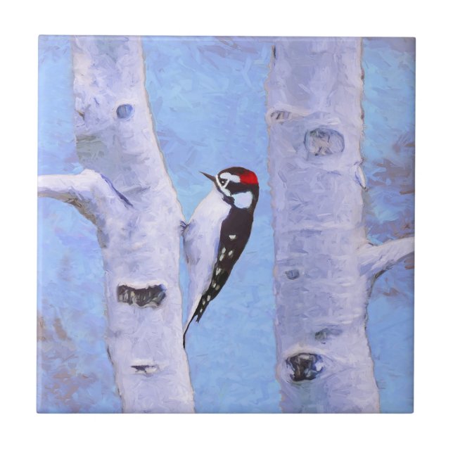 Målning av Downy Woodpecker - originalbild av fågl Kakelplatta (Framsidan)