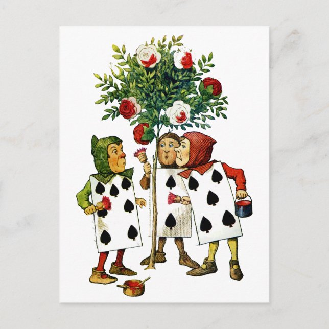 Målning av drottningens rosor i Alice i Underlande Vykort (Framsida)