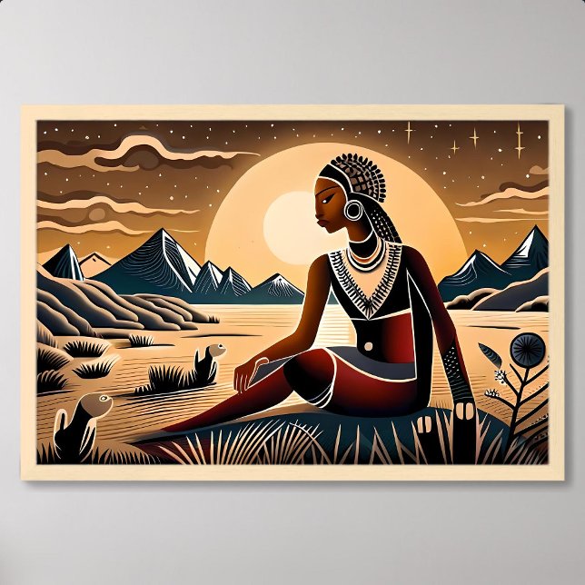 målning av egypten kvinnor i ökenpyramid nattetid poster (painting of egypt women in desert pyramid at night)