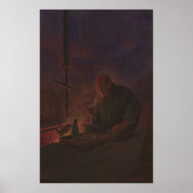 Målning av en japansk man som dricker Sake Poster (Framsidan)