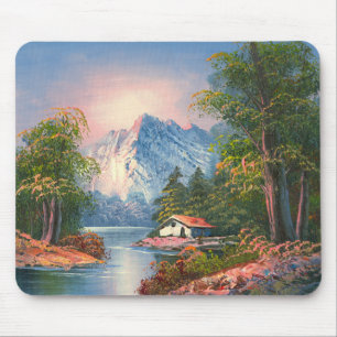 Målning av en kabin Along en bergflod Musmatta
