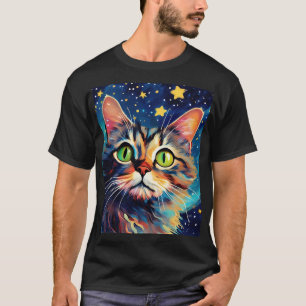 Målning av en katt med grönt ögon med stjärnor t shirt