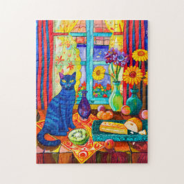 Målning av en katt på köket Bord efter fönster Pussel