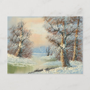 Målning av en vinter skog och flod vykort