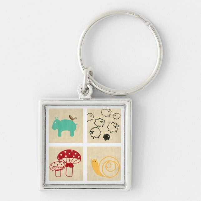 Målning av fyra barnblock fyrkantig silverfärgad nyckelring (Framsidan)