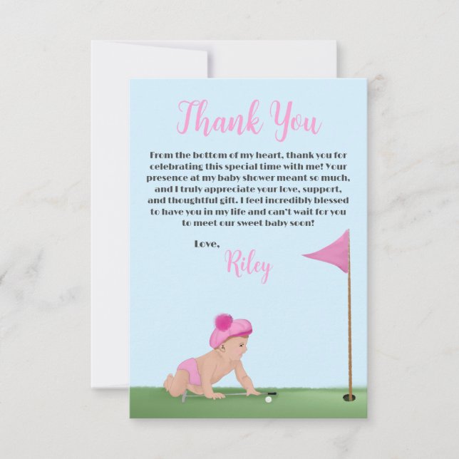 Målning av golfbabyflicka Söt caddy-babyshower Tack Kort (Framsida)
