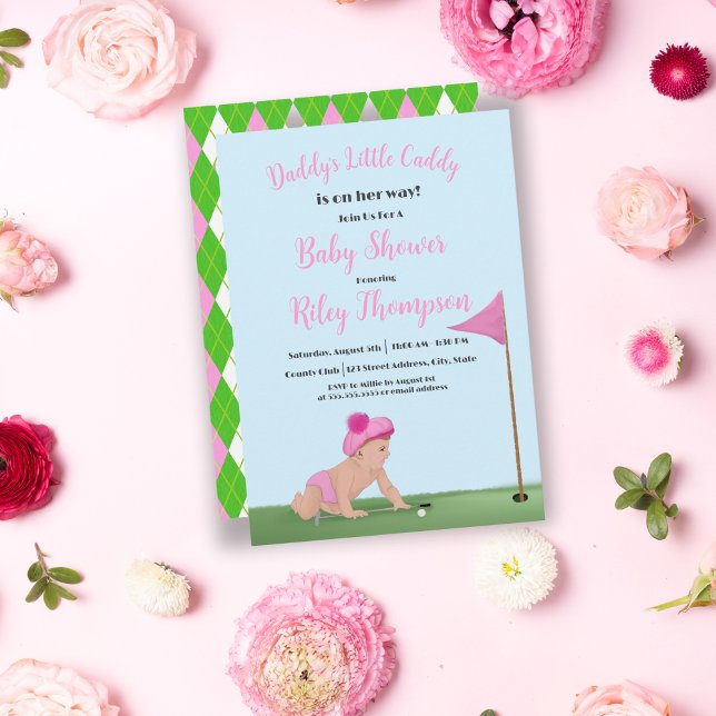 Målning av golfbabyflicka Söt caddybabyshower Inbjudningar (Skapare uppladdad)