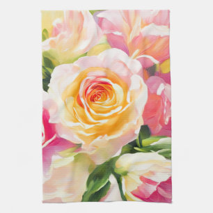 Målning av Gult och Rosa ros Kökshandduk