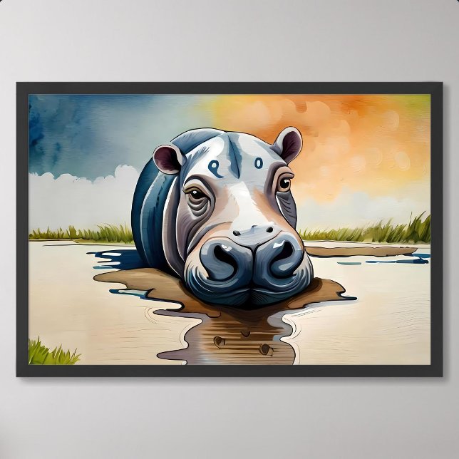 målning av hippopotamus som blöder i lera, oljig poster (painting of hippopotamus soaking in the mud lazily)