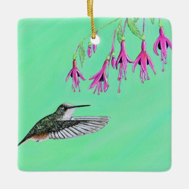 Målning av Hummingbird och Fuchsia Julgransprydnad Keramik (Framsida)